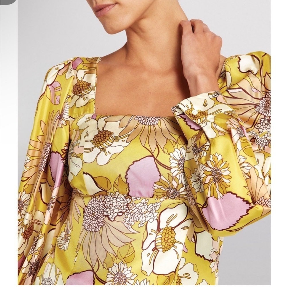 Sandro Yellow Floral Square-Neck Blouse with Pink Accents